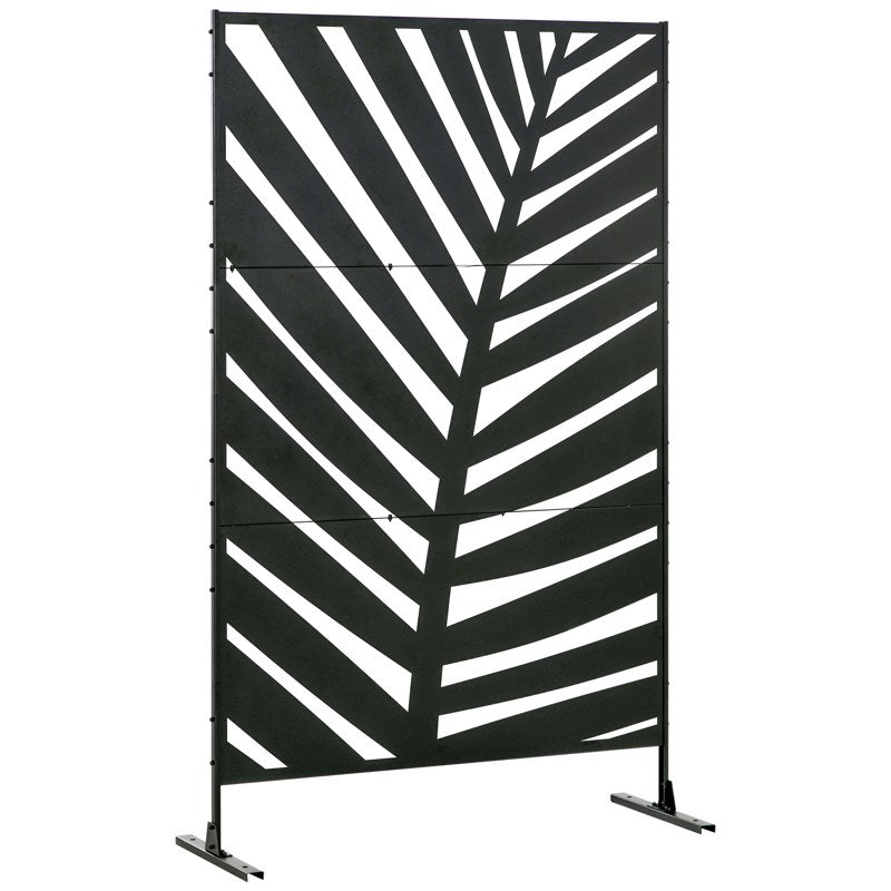 Outsunny Decorative Privacy Screen with Stand, 6.5FT Freestanding Metal Outdoor Divider, Decorative Privacy Panel with Expansion Screws for Garden Patio Pool Hot Tub, Banana Leaf Style, Black