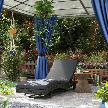 Outsunny Patio Wicker Chaise Lounge Chair, Outdoor PE Rattan Sun Lounger with Adjustable Backrest and 2 Wheels, Dark Grey