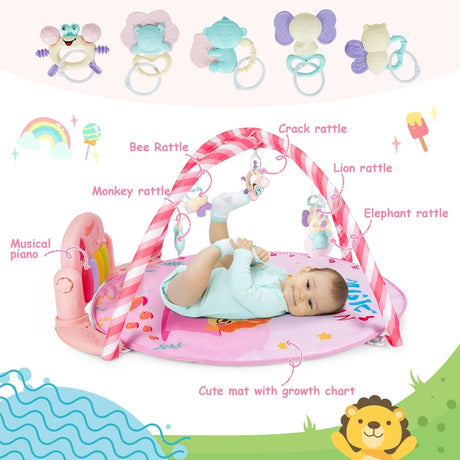 4-in-1 Activity Play Mat with 5 Hanging Sensory Toys for Infant Pink
