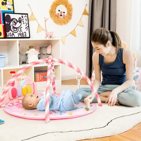 4-in-1 Activity Play Mat with 5 Hanging Sensory Toys for Infant Pink