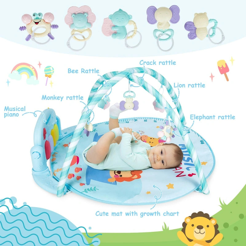 4-in-1 Activity Play Mat with 5 Hanging Sensory Toys for Infant Blue