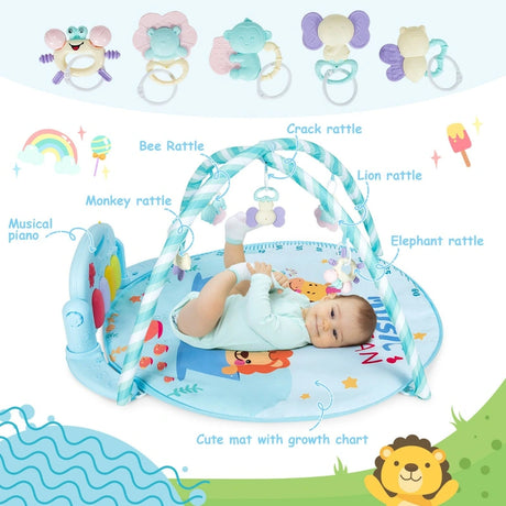 4-in-1 Activity Play Mat with 5 Hanging Sensory Toys for Infant Blue