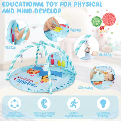 4-in-1 Activity Play Mat with 5 Hanging Sensory Toys for Infant Blue