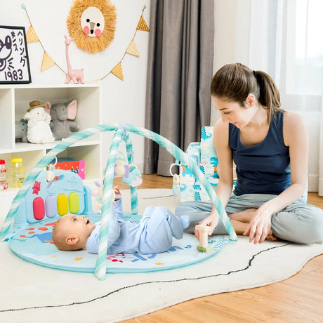 4-in-1 Activity Play Mat with 5 Hanging Sensory Toys for Infant Blue