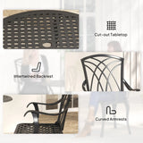 Outsunny 3 Pieces Garden Dining Set for 2, Cast Aluminium Outdoor Dining Set with 2 Armchairs and Round Dining Table with Parasol Hole, Garden Furniture Set, Brown