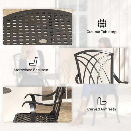 Outsunny 3 Pieces Garden Dining Set for 2, Cast Aluminium Outdoor Dining Set with 2 Armchairs and Round Dining Table with Parasol Hole, Garden Furniture Set, Brown