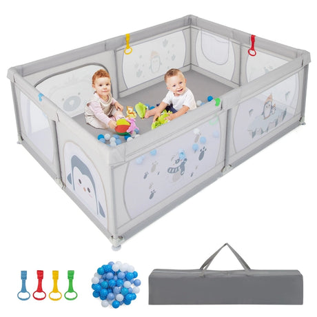 Baby Playpen with 50 Balls &amp; 2 Doors &amp; Breathable Net &amp; Zipper Penguins