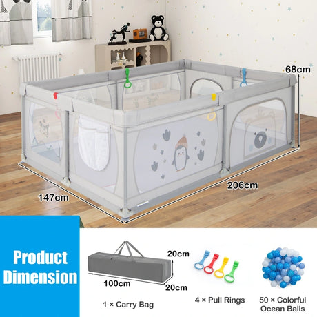 Baby Playpen with 50 Balls &amp; 2 Doors &amp; Breathable Net &amp; Zipper Penguins