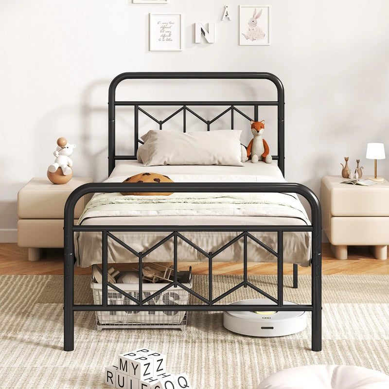 Single/Double/King Size Metal Bed Frame with High Headboard and Mute Bar-Black-Single Size