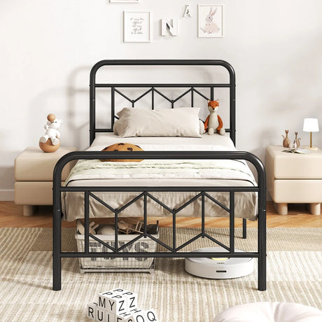 Single/Double/King Size Metal Bed Frame with High Headboard and Mute Bar-Black-Single Size