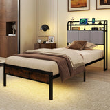 King Size Double Size Bed Frame with LED Light and Charging Station-Single Size