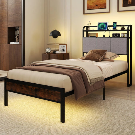 King Size Double Size Bed Frame with LED Light and Charging Station-Single Size