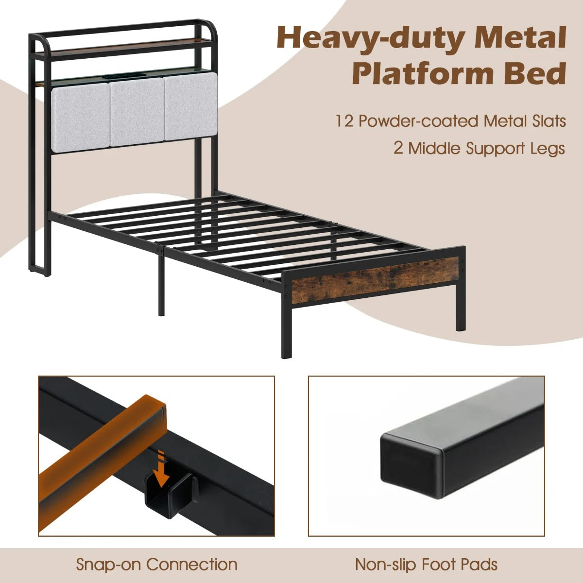 King Size Double Size Bed Frame with LED Light and Charging Station-Single Size