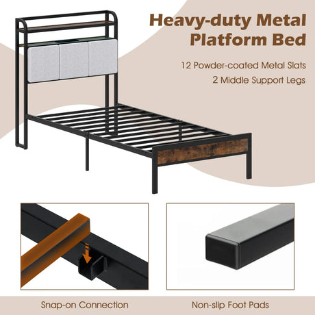 King Size Double Size Bed Frame with LED Light and Charging Station-Single Size