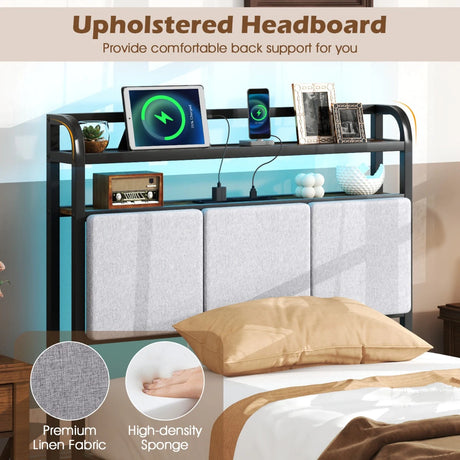King Size Double Size Bed Frame with LED Light and Charging Station-Single Size