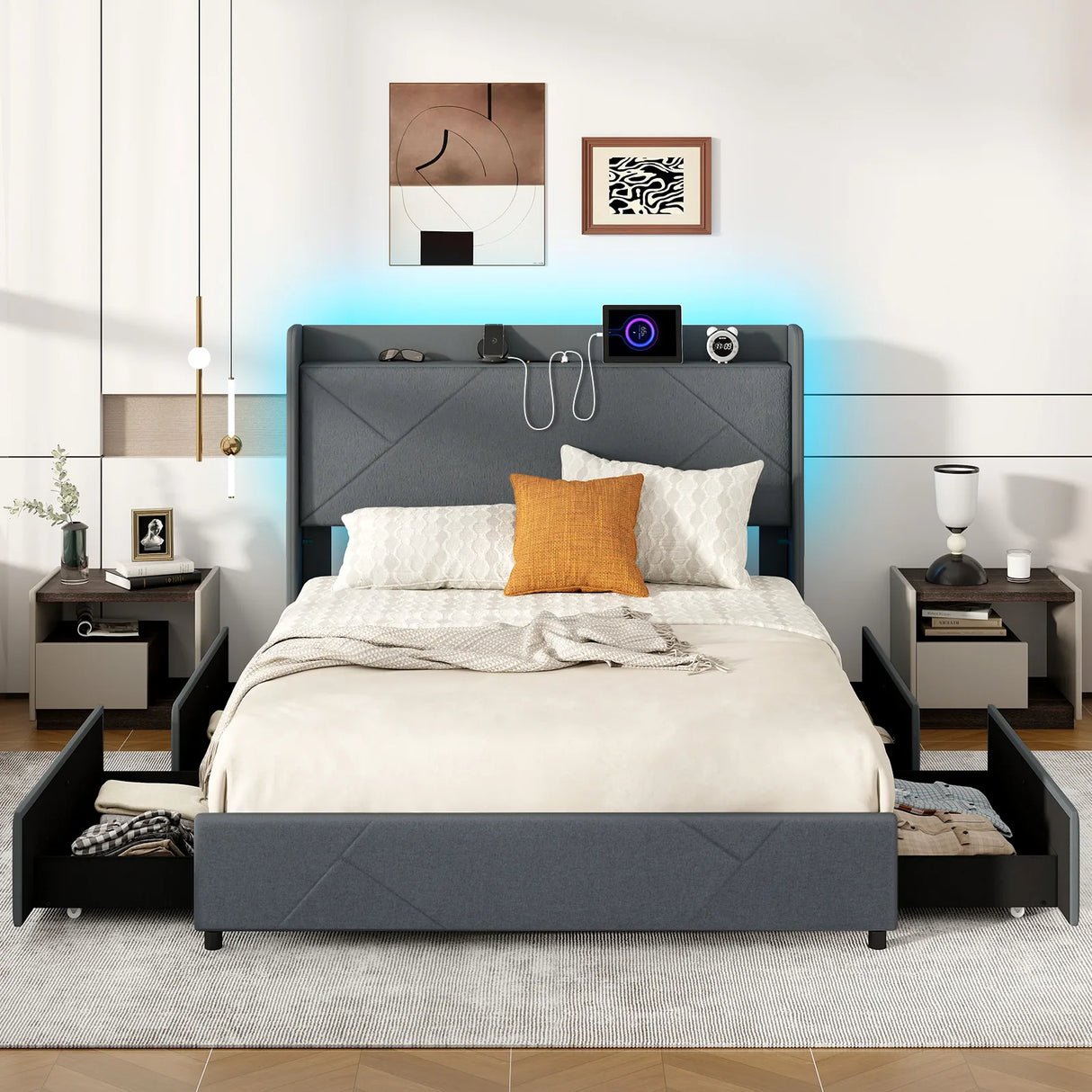 Double/King Size Bed Frame with LED Lights and Charging Station-King Size