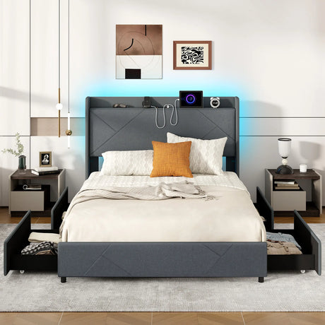 Double/King Size Bed Frame with LED Lights and Charging Station-King Size