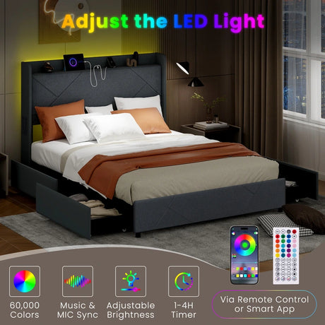 Double/King Size Bed Frame with LED Lights and Charging Station-King Size
