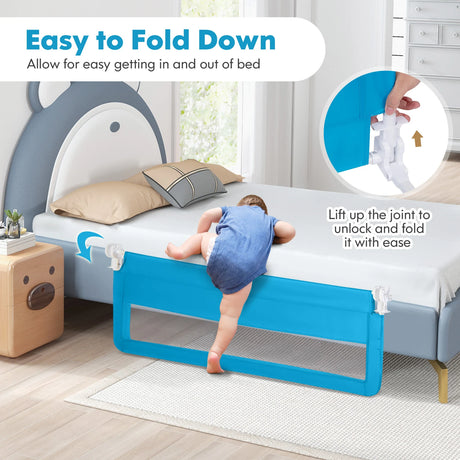 150CM Foldable Baby Bed Rail Guard with Washable Cover and Safety Strap-Blue