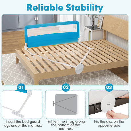 150CM Foldable Baby Bed Rail Guard with Washable Cover and Safety Strap-Blue