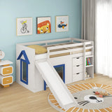 Single Size Pine Wood Loft Bed with Slide and Ladder and Game House-Blue