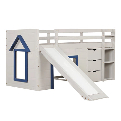 Single Size Pine Wood Loft Bed with Slide and Ladder and Game House-Blue