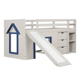 Single Size Pine Wood Loft Bed with Slide and Ladder and Game House-Blue