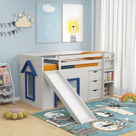 Single Size Pine Wood Loft Bed with Slide and Ladder and Game House-Blue