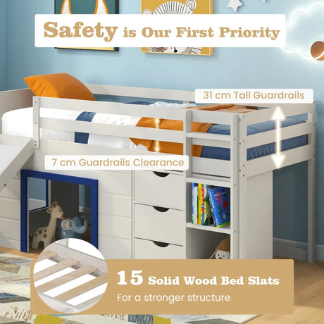Single Size Pine Wood Loft Bed with Slide and Ladder and Game House-Blue
