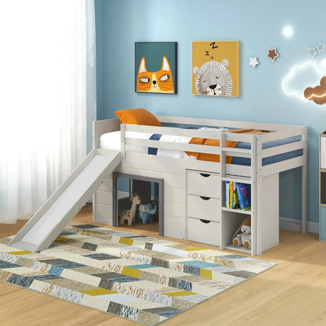 Single Size Pine Wood Loft Bed with Slide and Ladder and Game House-Grey