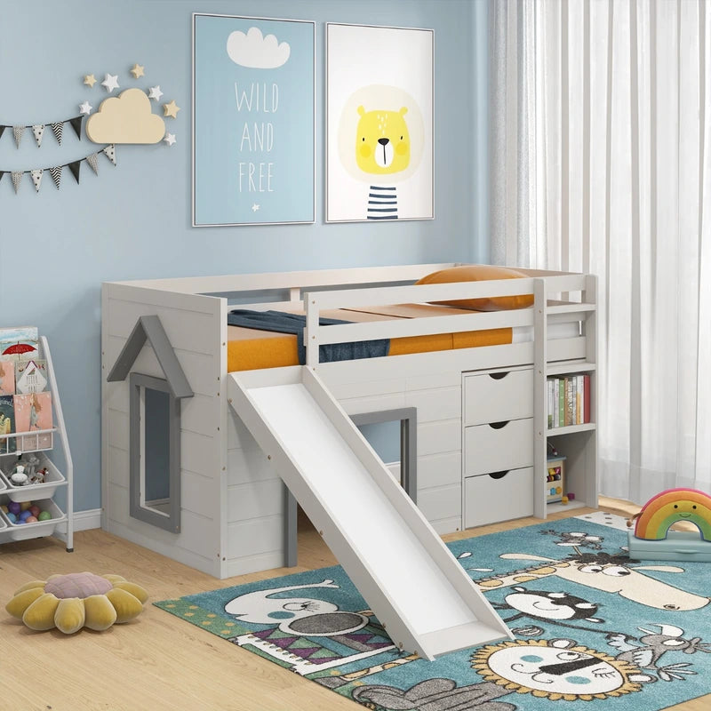 Single Size Pine Wood Loft Bed with Slide and Ladder and Game House-Grey