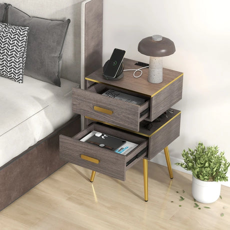 Bedside Sofa Side Tables with 2 Drawers and 2 USB Ports-Grey