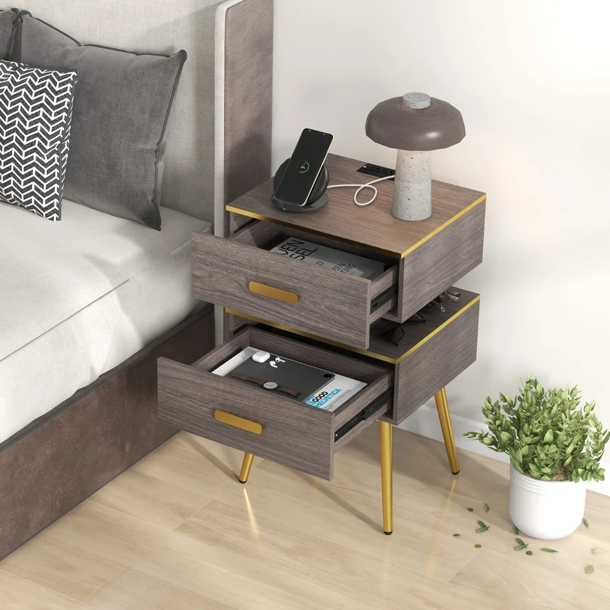 Bedside Sofa Side Tables with 2 Drawers and 2 USB Ports-Grey