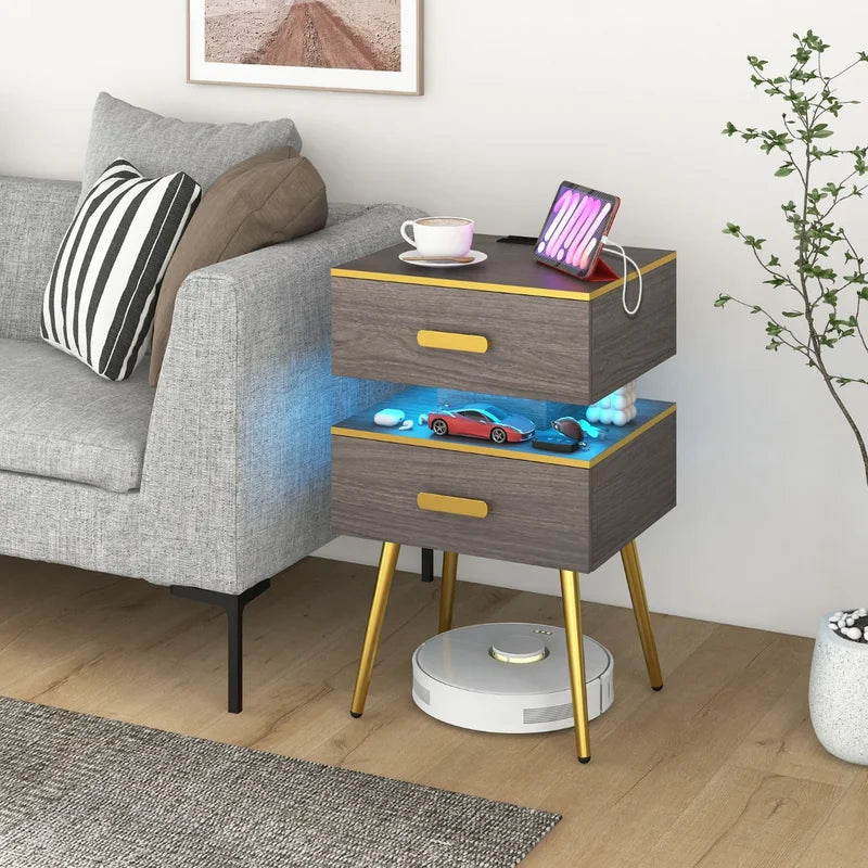 Bedside Sofa Side Tables with 2 Drawers and 2 USB Ports-Grey
