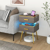 Bedside Sofa Side Tables with 2 Drawers and 2 USB Ports-Grey