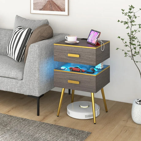 Bedside Sofa Side Tables with 2 Drawers and 2 USB Ports-Grey