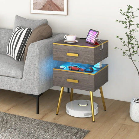 Bedside Sofa Side Tables with 2 Drawers and 2 USB Ports-Grey