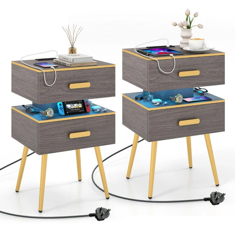 Bedside Sofa Side Tables with 2 Drawers and 2 USB Ports-Grey
