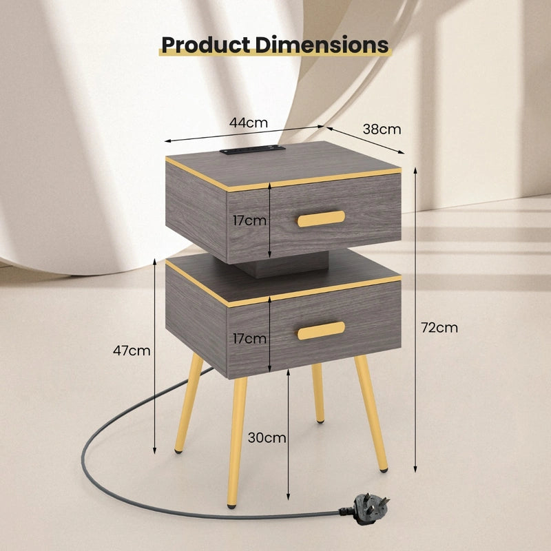 Bedside Sofa Side Tables with 2 Drawers and 2 USB Ports-Grey