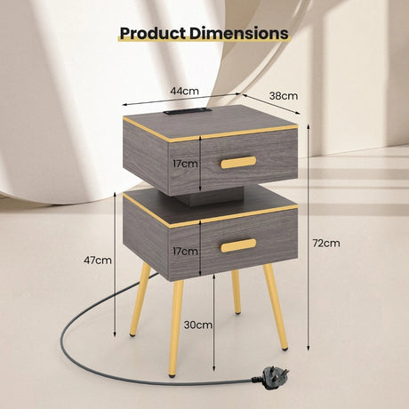Bedside Sofa Side Tables with 2 Drawers and 2 USB Ports-Grey