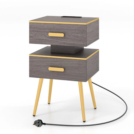 Bedside Sofa Side Tables with 2 Drawers and 2 USB Ports-Grey