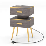 Bedside Sofa Side Tables with 2 Drawers and 2 USB Ports-Grey