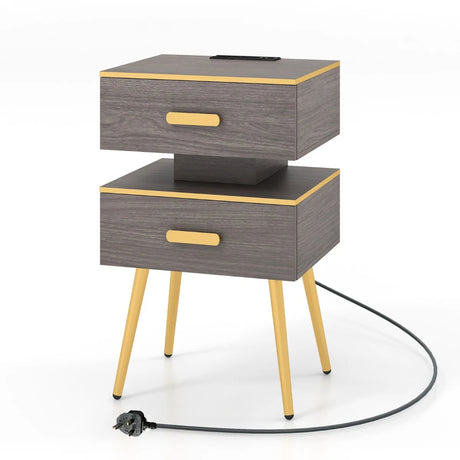Bedside Sofa Side Tables with 2 Drawers and 2 USB Ports-Grey