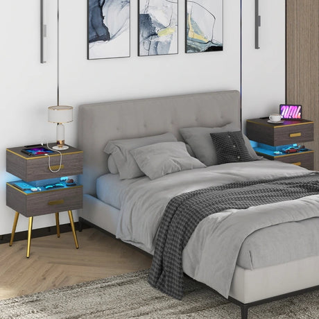 Bedside Sofa Side Tables with 2 Drawers and 2 USB Ports-Grey