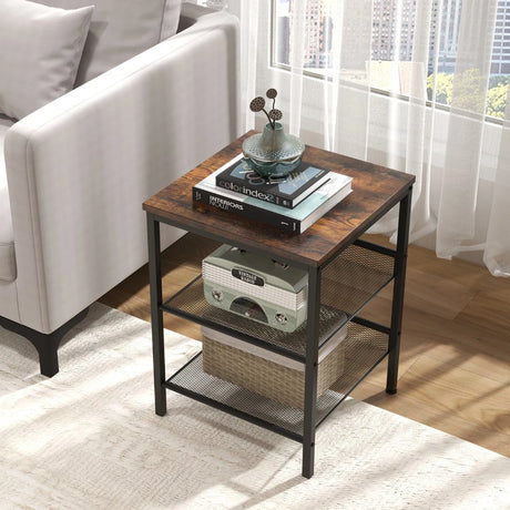 3-Tier Industrial End Table with Mesh Shelves and Adjustable Shelves