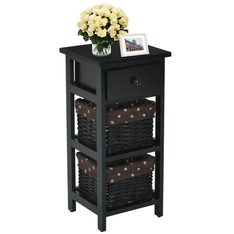 Wooden Morden Nightstand with 2 Wicker Rattan Drawers-Black
