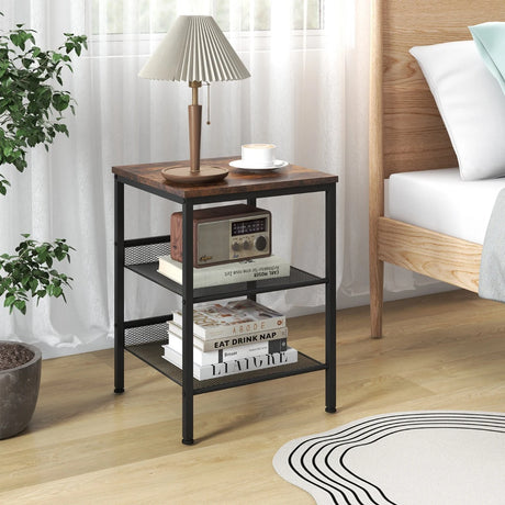 3-Tier Industrial End Table with Mesh Shelves and Adjustable Shelves