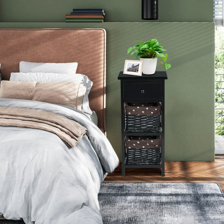 Wooden Morden Nightstand with 2 Wicker Rattan Drawers-Black
