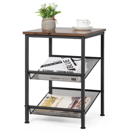 3-Tier Industrial End Table with Mesh Shelves and Adjustable Shelves