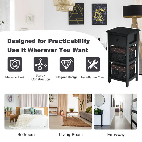 Wooden Morden Nightstand with 2 Wicker Rattan Drawers-Black